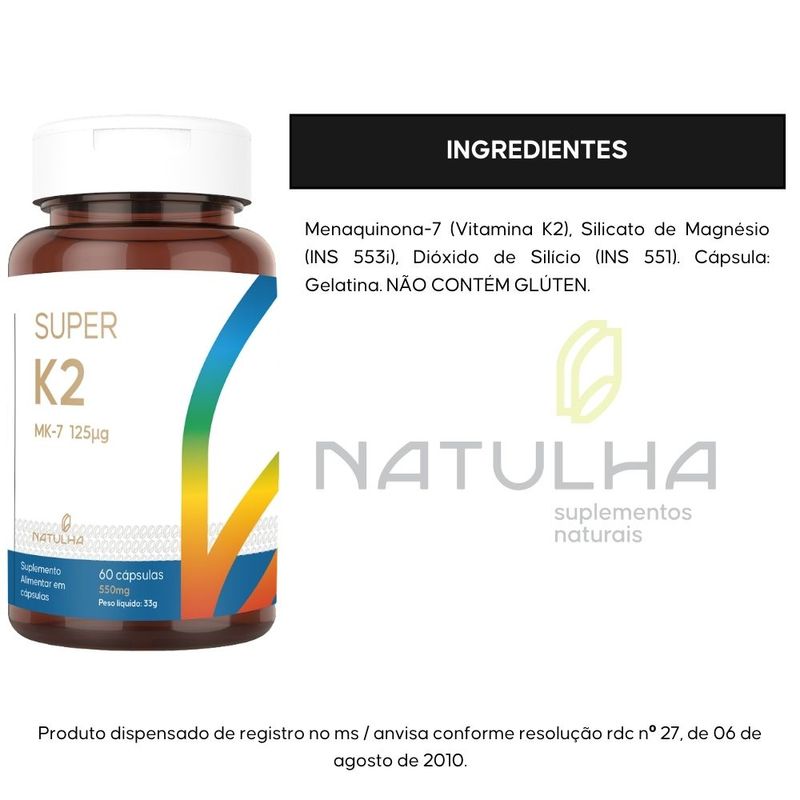 KIT 3X Super K2 (Menaquinona-7) 125mcg 60 cápsulas - Natulha