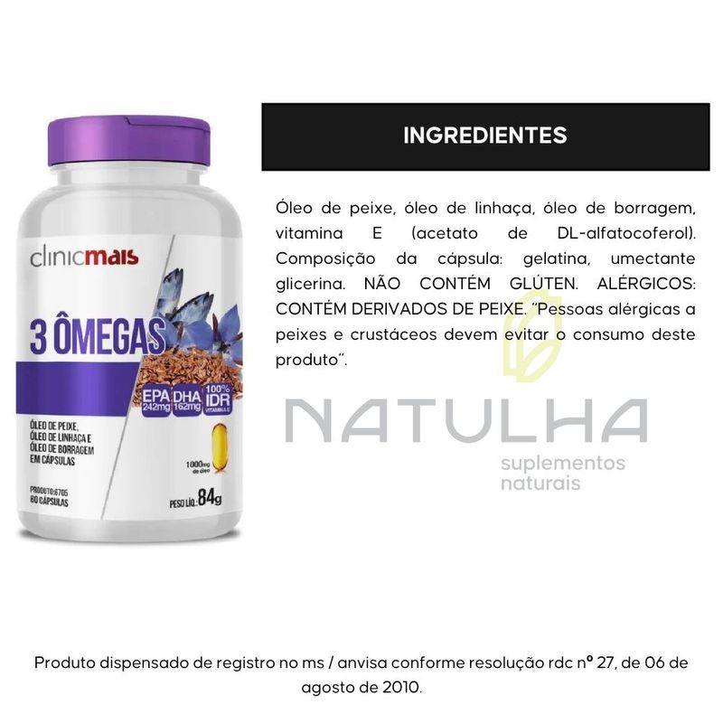 KIT 2X 3 ômegas ( Óleo de Peixe, Linhaça e Borragem) 60 cápsulas - Clinicmais