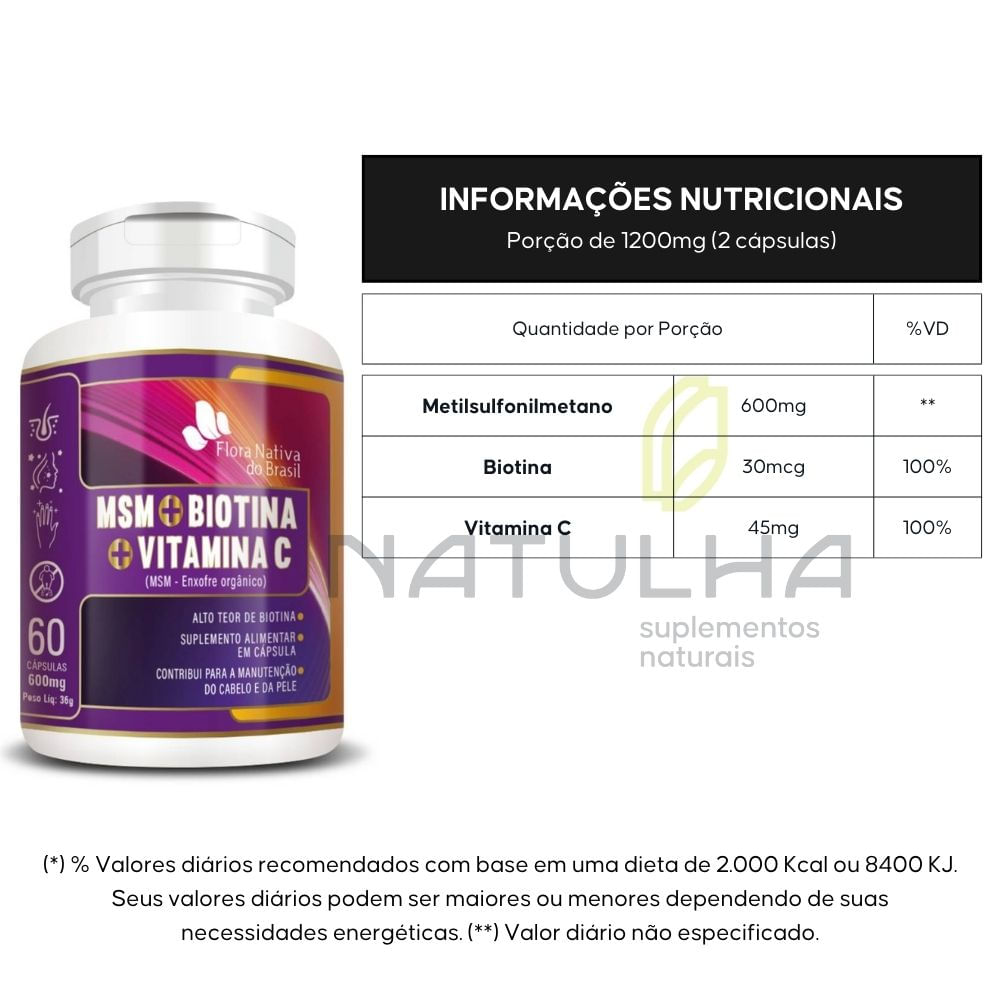 MSM + Biotina + Vitamina C 60 Cápsulas - Flora Nativa - Pague Menos