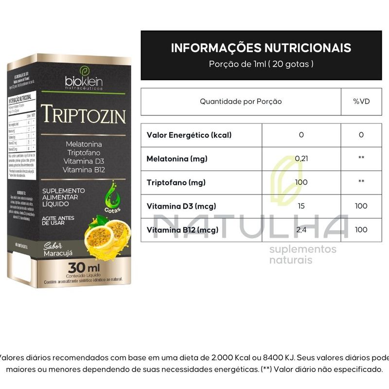 KIT 2X Triptozin (Melatonina, Tiptofano, Vitamina D3 e B12) em gotas 30ml - Bioklein Sabor:Maracujá