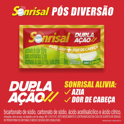 Sonrisal limão dupla ação Antiácido E Analgésico para Alívio da Azia e dor de Cabeça com 10 Pastilhas