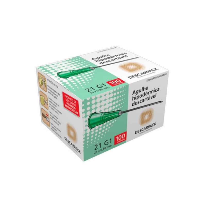 Descarpack Agulha Hipodérmica Descartável Verde 25x0,8mm (21G 1) com 100un