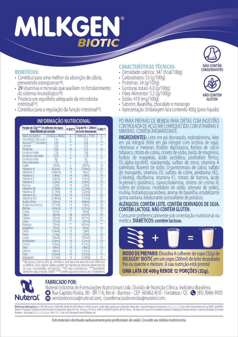 MilkGen Biotic, Lata com 400g Sabor baunilha Complemento Alimentar -  Reforça a Nutrição