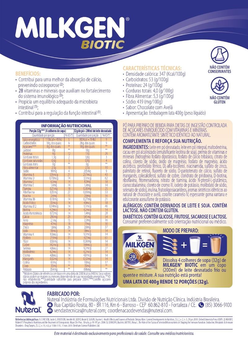 MilkGen Biotic, Lata com 400g Sabor Chocolate Complemento Alimentar -  Reforça a Nutrição