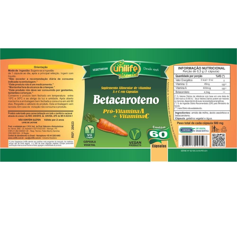 Betacaroteno Pró-Vitamina A 60 cápsulas 500mg Unilife - Pague Menos