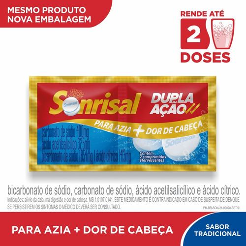 Sonrisal Tradicional Dupla Ação Antiácido e Analgésico para Alívio da Azia e Dor de Cabeça com 2 pastilhas