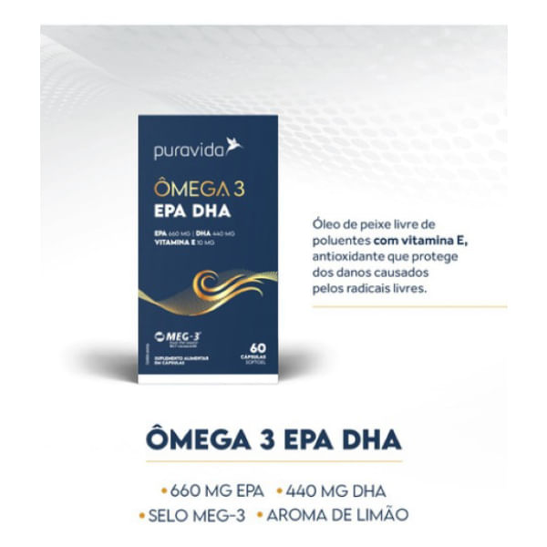 Kit com 6 Ômega 3 EPA DHA + Vitamina E - 1411mg de Ômega 3 - 60 Softgels
