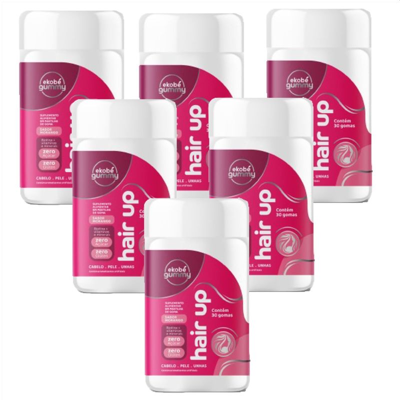 6x Hair Up Gummy - 30 Gomas Morango - com Biotina e Vitaminas