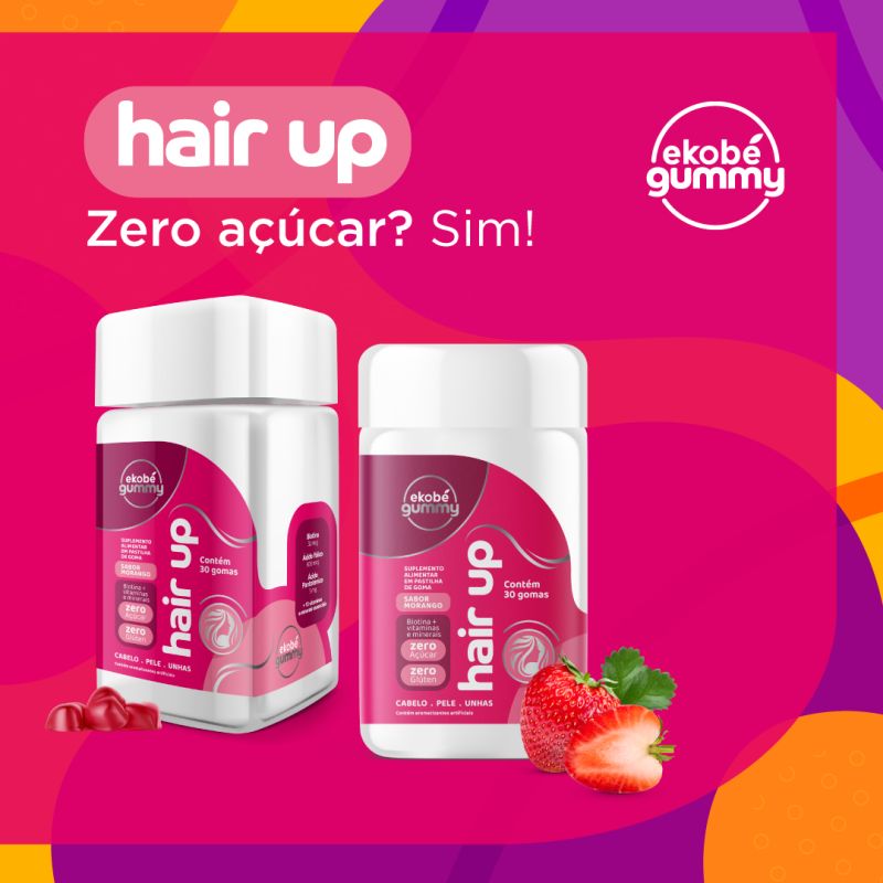 6x Hair Up Gummy - 30 Gomas Morango - com Biotina e Vitaminas