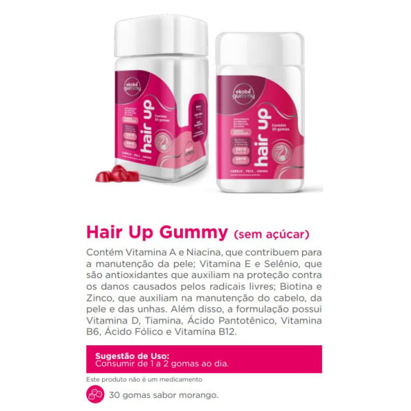 6x Hair Up Gummy - 30 Gomas Morango - com Biotina e Vitaminas