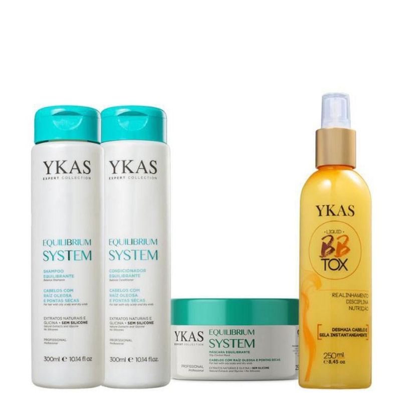 Kit Ykas Equilibrium System Pequeno Completo + Ykas BBtox Líquido Desmaia Cabelo 250ml